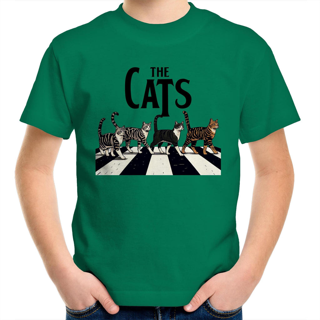 The Cats, Fab Four Crossing The Road - Kids Youth T-Shirt Kelly Green Kids Youth T-shirt animal Music Printed In Australia