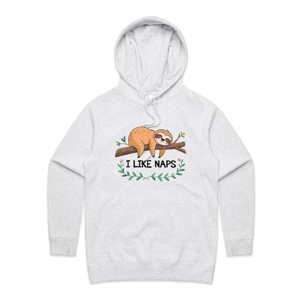 Sloth, I Like Naps - Womens Hoodie White Marle Womens Hoodie animal Printed In Australia