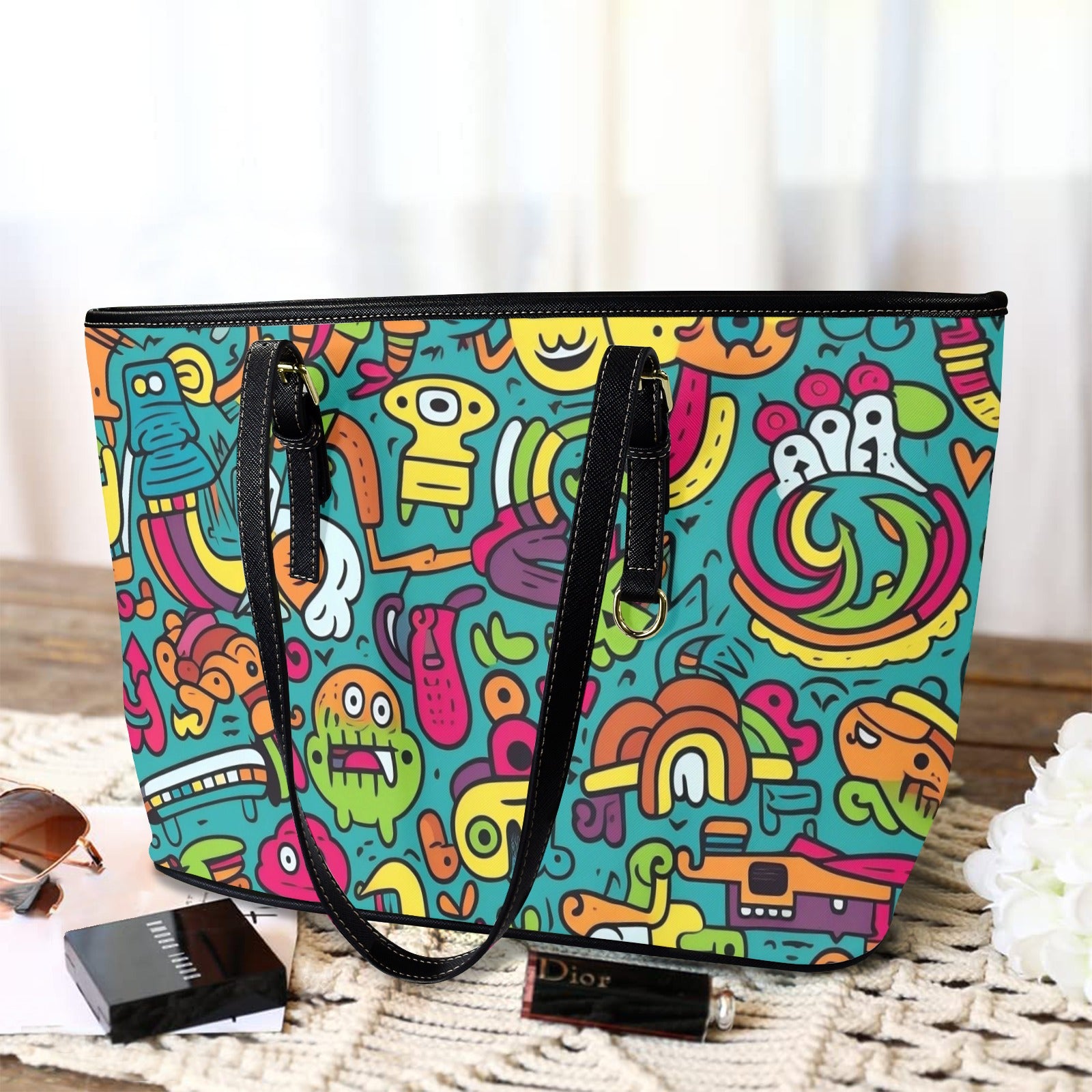 Crazy Characters - Leather Tote Bag-Large