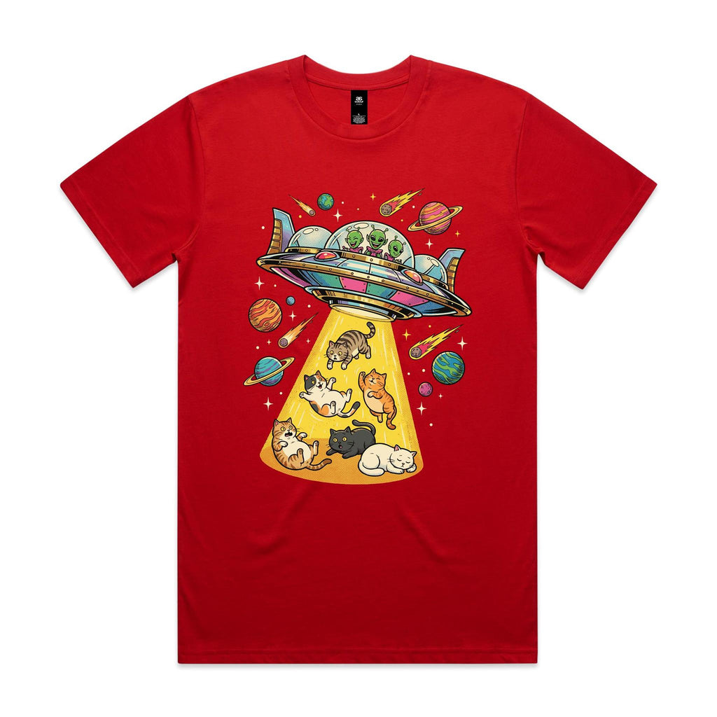 UFO Cat Abduction Men's AS Colour T-shirt Red Mens T-shirt animal Printed In Australia Sci Fi