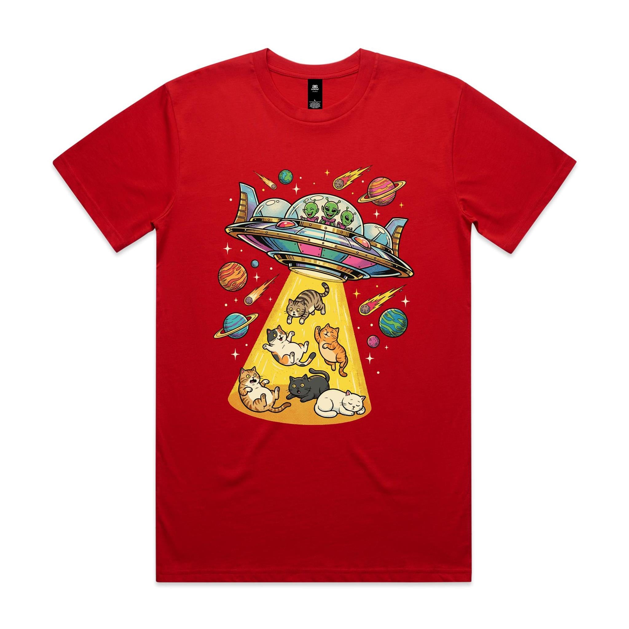 UFO Cat Abduction - Men's AS Colour T-shirt Red Mens T-shirt animal Printed In Australia Sci Fi