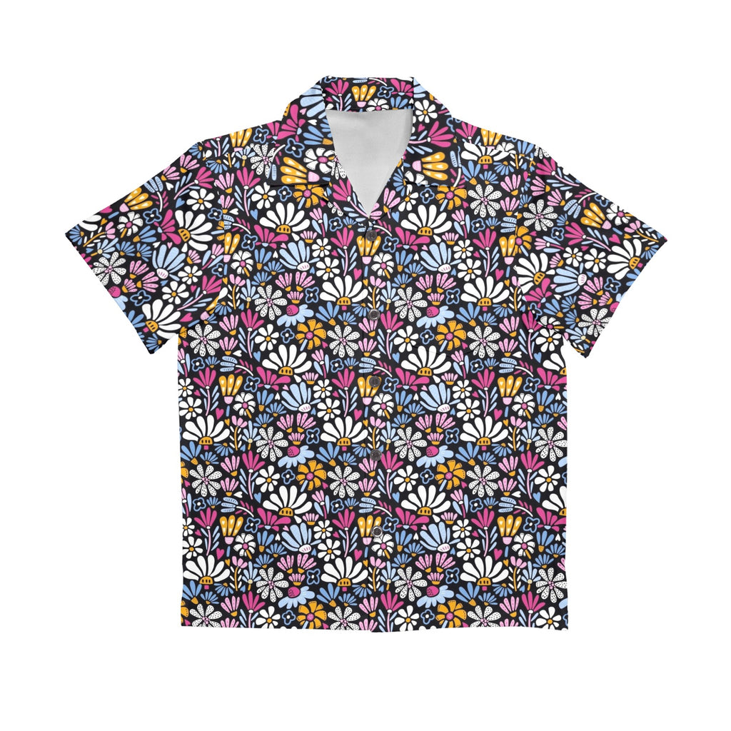 Graphic Flowers On Black Senior Kids Hawaiian Shirt