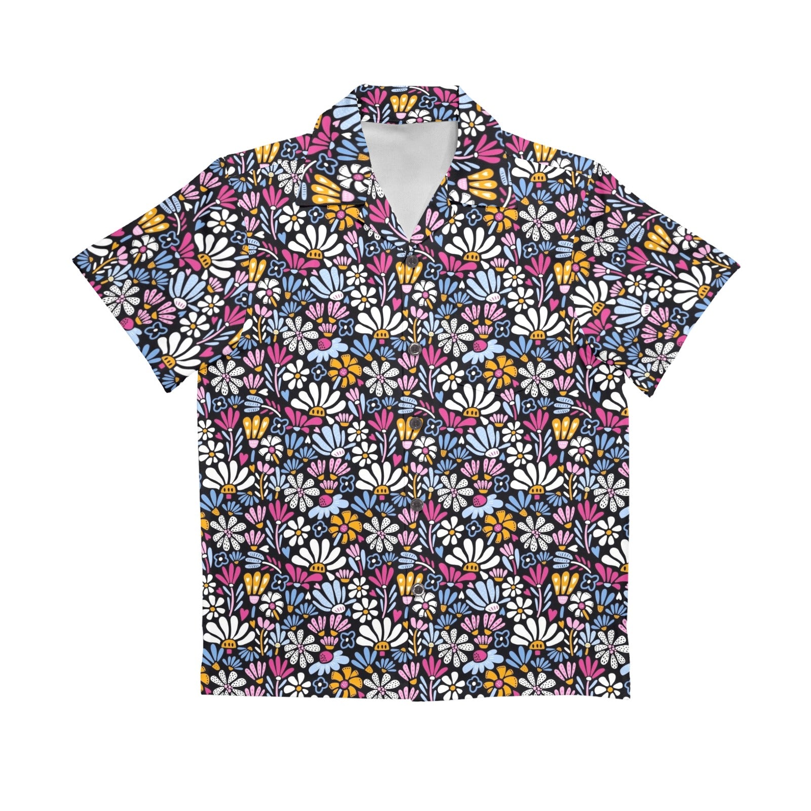 Graphic Flowers On Black Senior Kids Hawaiian Shirt