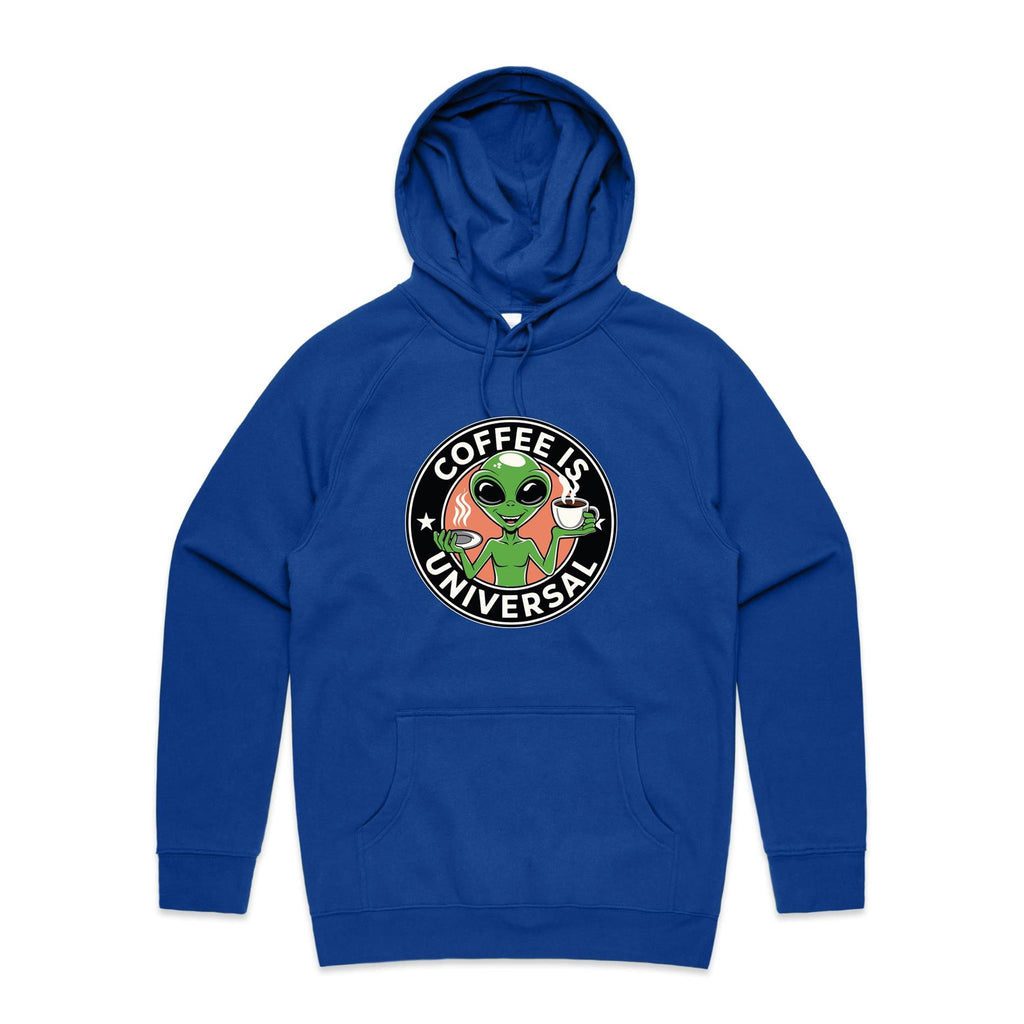 Coffee Is Universal, Alien - Mens Hoodie Bright Royal Mens Hoodie Coffee Printed In Australia Sci Fi