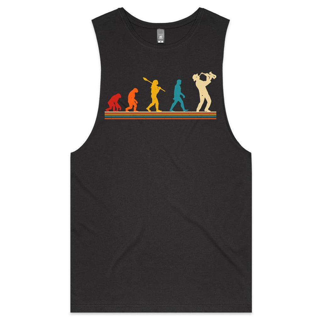 Evolution Of A Saxophone Player - Mens Tank Top Tee Coal Drop Arm Tank Top Music Printed In Australia