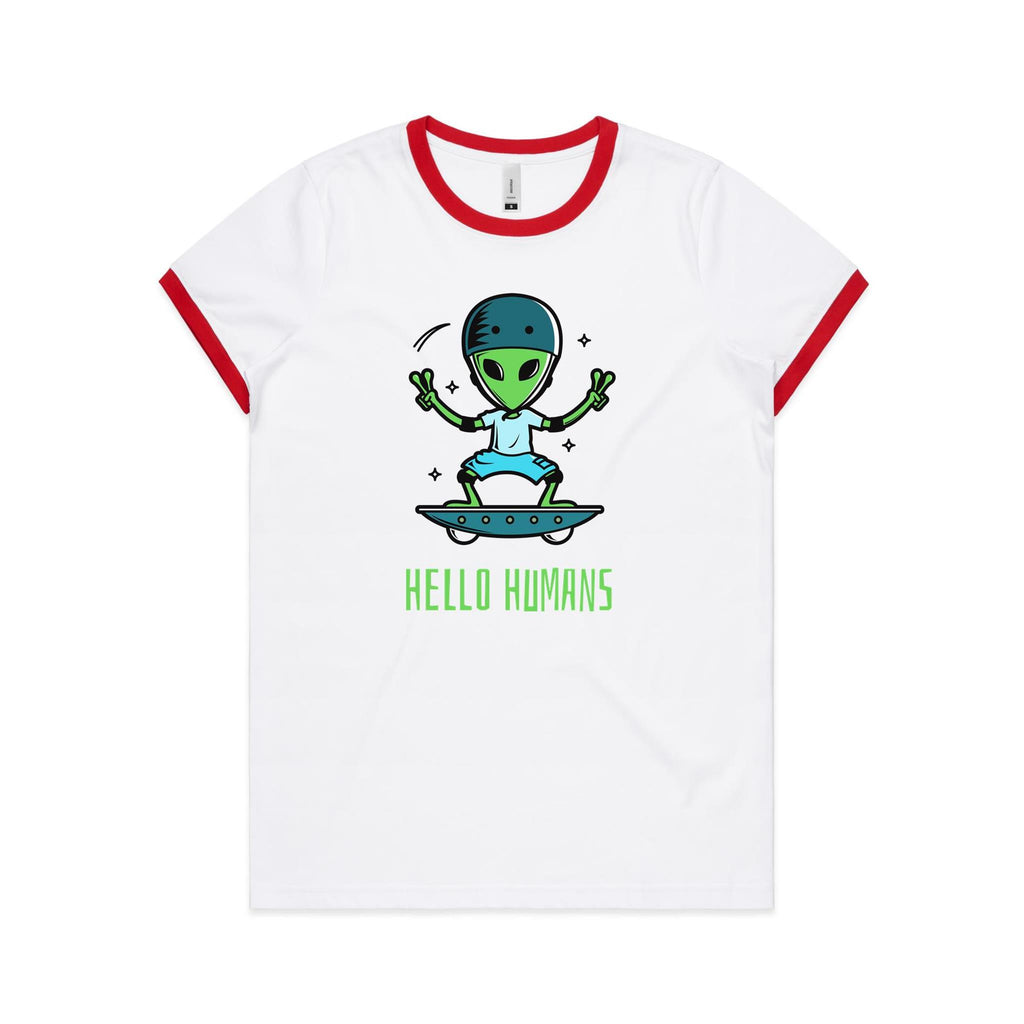 Hello Humans, Alien Skate Women's AS Colour Ringer Tee White Red Womens Ringer T-shirt Printed In Australia Sci Fi