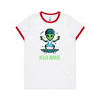 Hello Humans, Alien Skate Women's AS Colour Ringer Tee White Red Womens Ringer T-shirt Printed In Australia Sci Fi