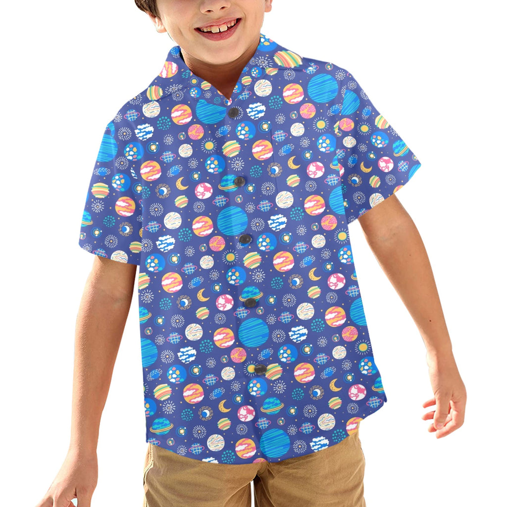 Planets On Blue Junior Kids Hawaiian Shirt