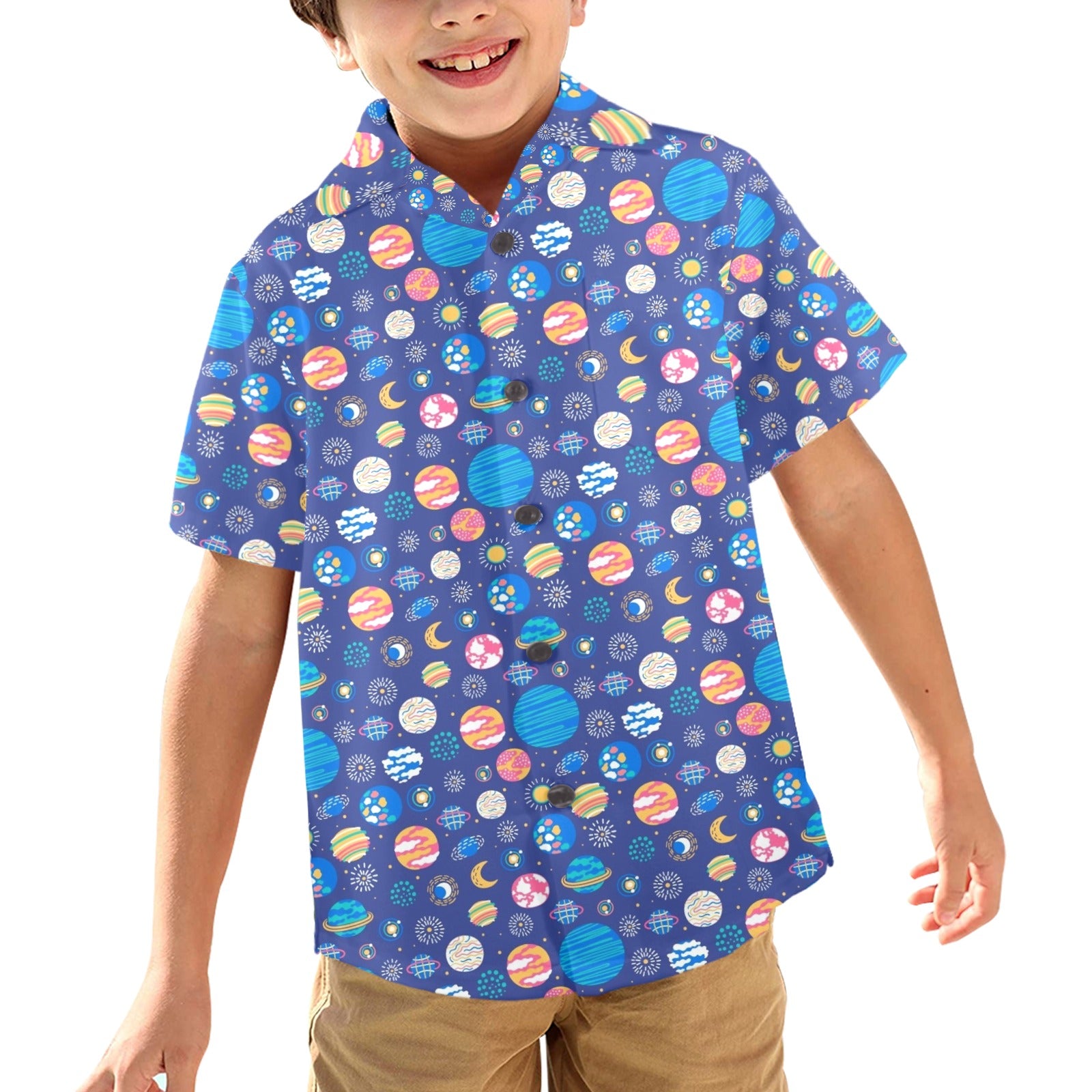 Planets On Blue Junior Kids Hawaiian Shirt