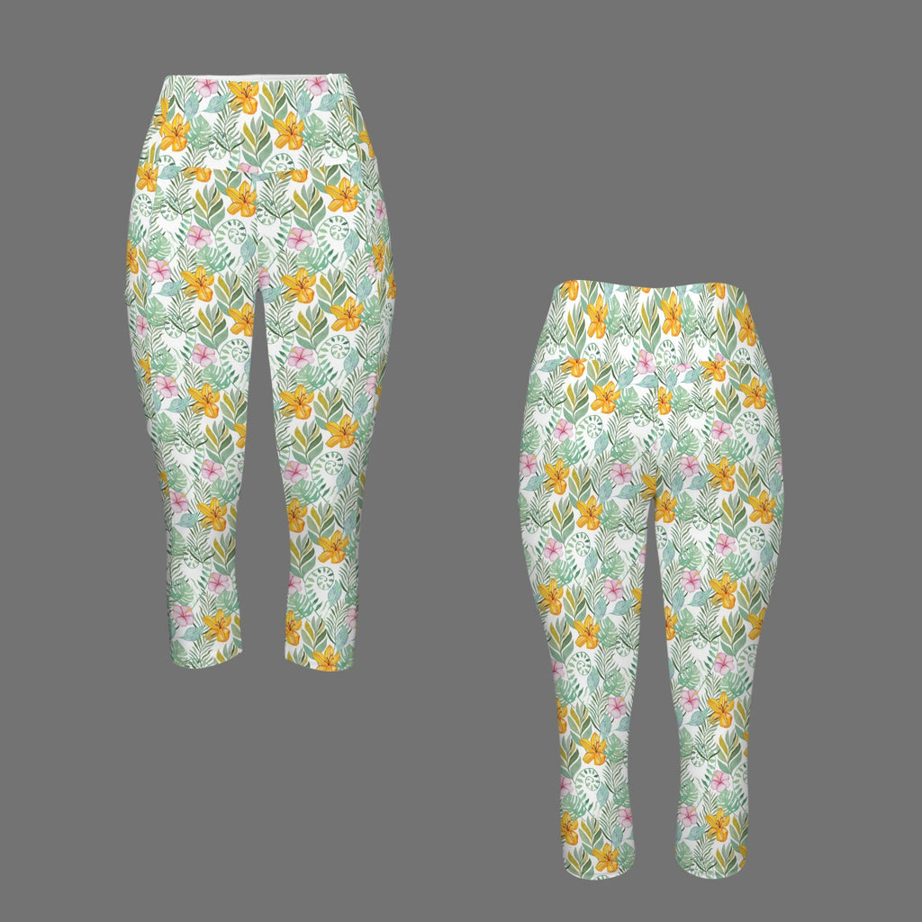 Tropical Flowers And Leaves - Women's High Waist Pocket Capri Yoga Leggings