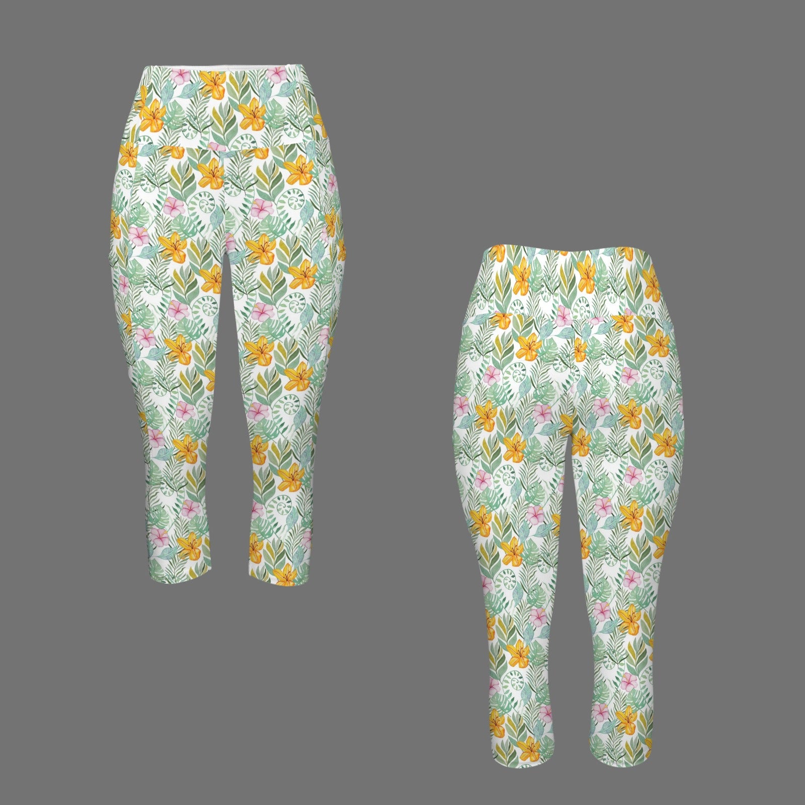 Tropical Flowers And Leaves - Women's High Waist Pocket Capri Yoga Leggings