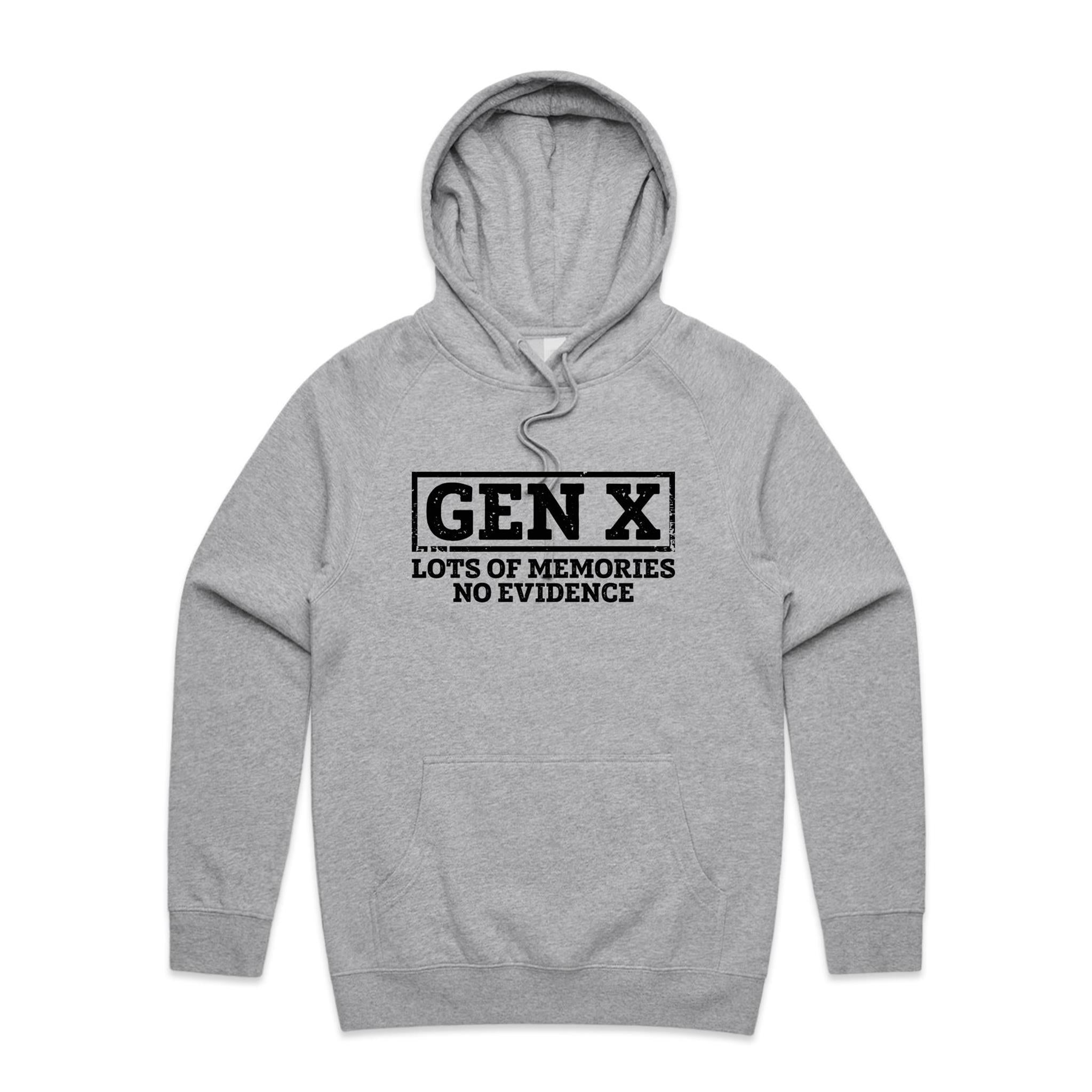 Gen X, Lots Of Memories, No Evidence Men's AS Colour Hoodie Grey Marle Mens Hoodie Printed In Australia