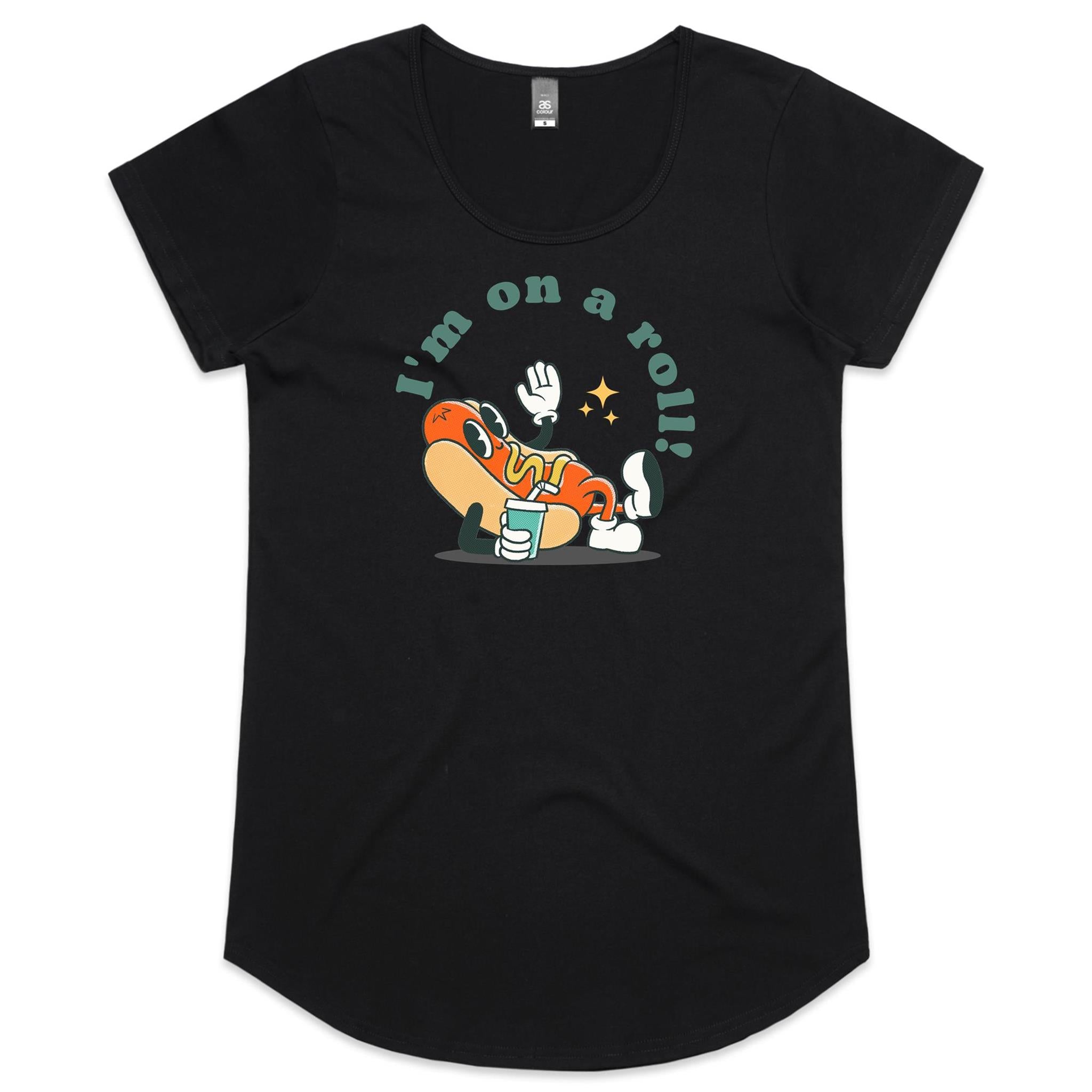 Hotdog, I'm On A Roll - Womens Scoop Neck T-Shirt Black Womens Scoop Neck T-shirt Food Printed In Australia