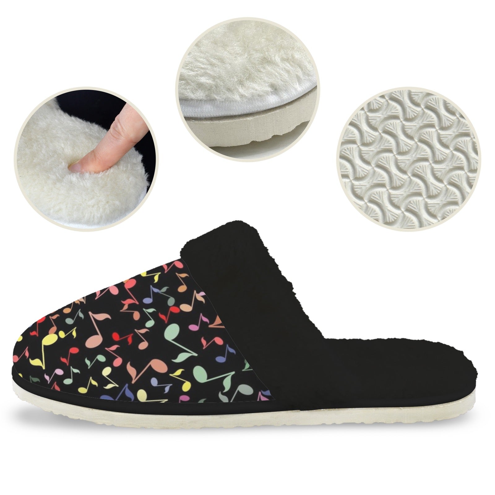 Quavers, Music Notes Men's Fur Trim Thick-Sole Indoor Slippers Men's Fur Trimmed Slippers Music Printed Offshore