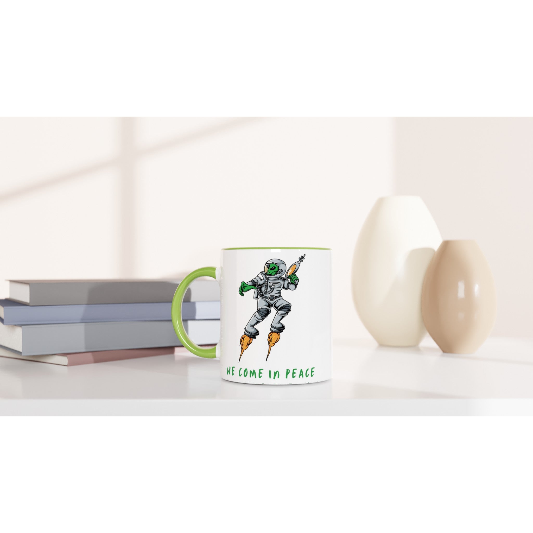Alien, We Come In Peace - White 11oz Ceramic Mug with Colour Inside Colour 11oz Mug funny Globally Fulfilled Sci Fi