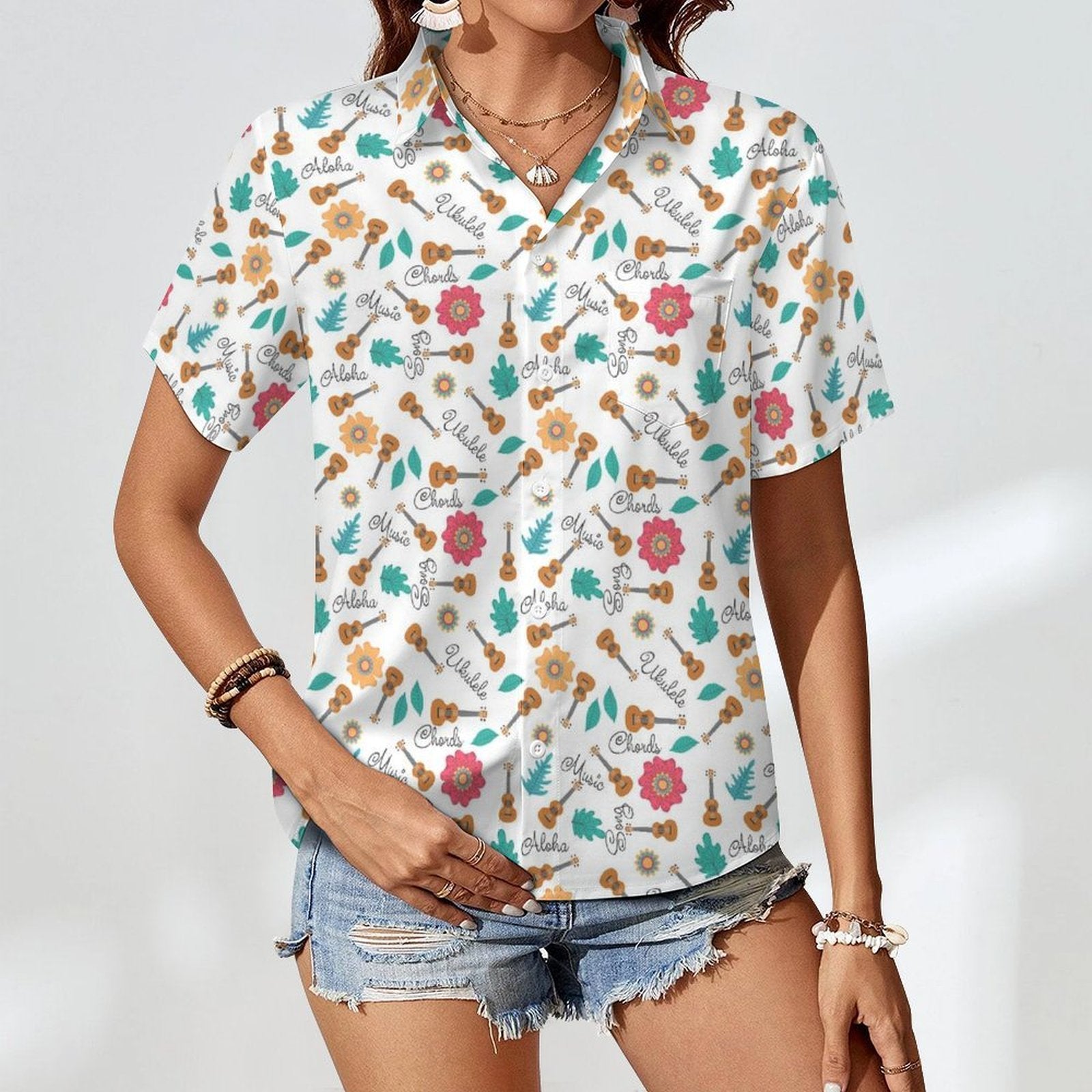 Ukulele Women's Short-Sleeve Button Up Shirt Women's Short-Sleeve Button Up Shirt Music Printed Offshore