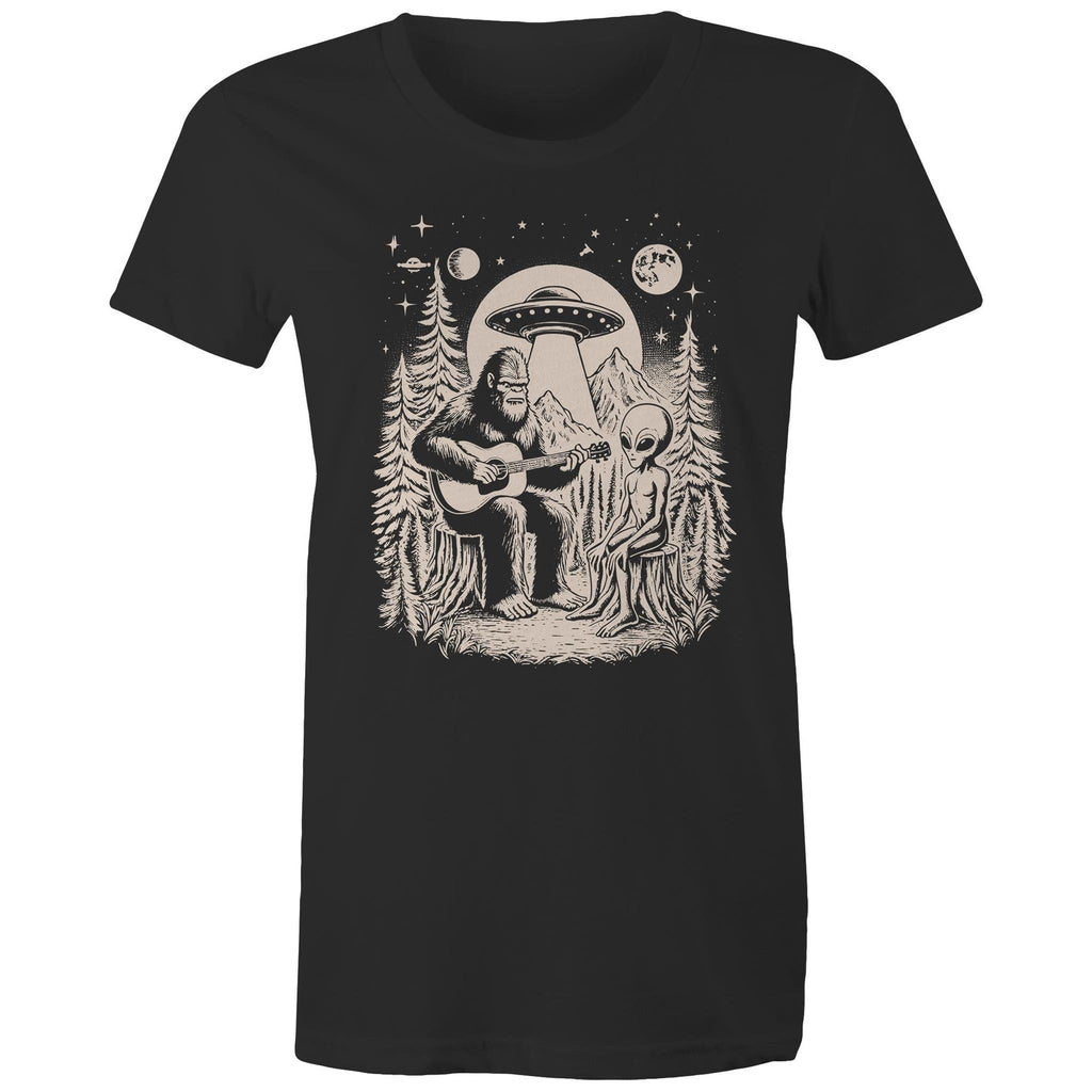 Alien And Bigfoot Play Guitar - Womens T-shirt Black Womens T-shirt Music Printed In Australia Sci Fi