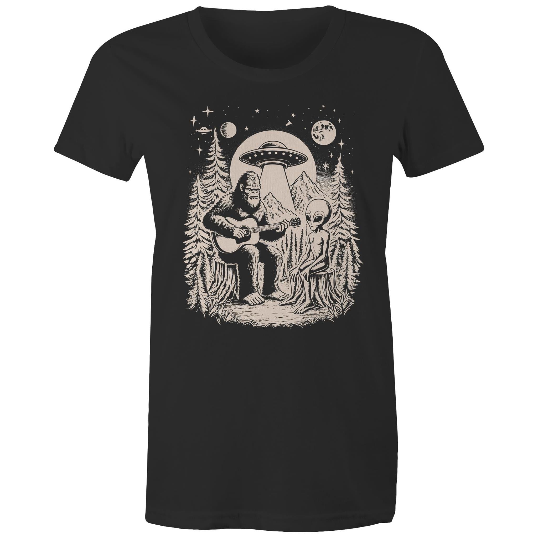 Alien And Bigfoot Play Guitar - Womens T-shirt Black Womens T-shirt Music Printed In Australia Sci Fi