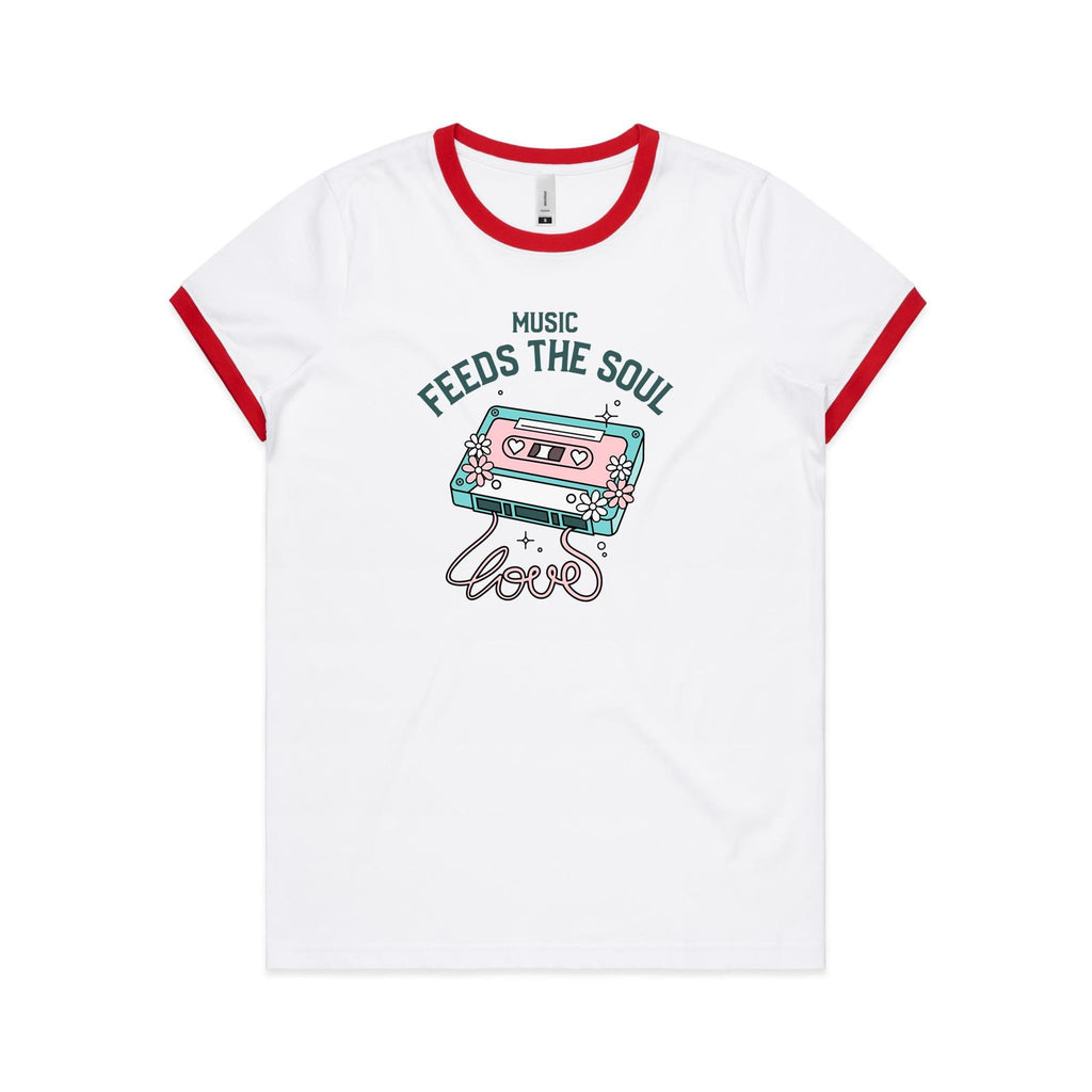 Music Feeds The Soul, Cassette Tape - Women's Ringer Tee White Red Womens Ringer T-shirt Music Printed In Australia