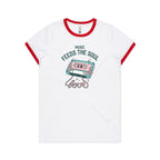 Music Feeds The Soul, Cassette Tape - Women's Ringer Tee White Red Womens Ringer T-shirt Music Printed In Australia