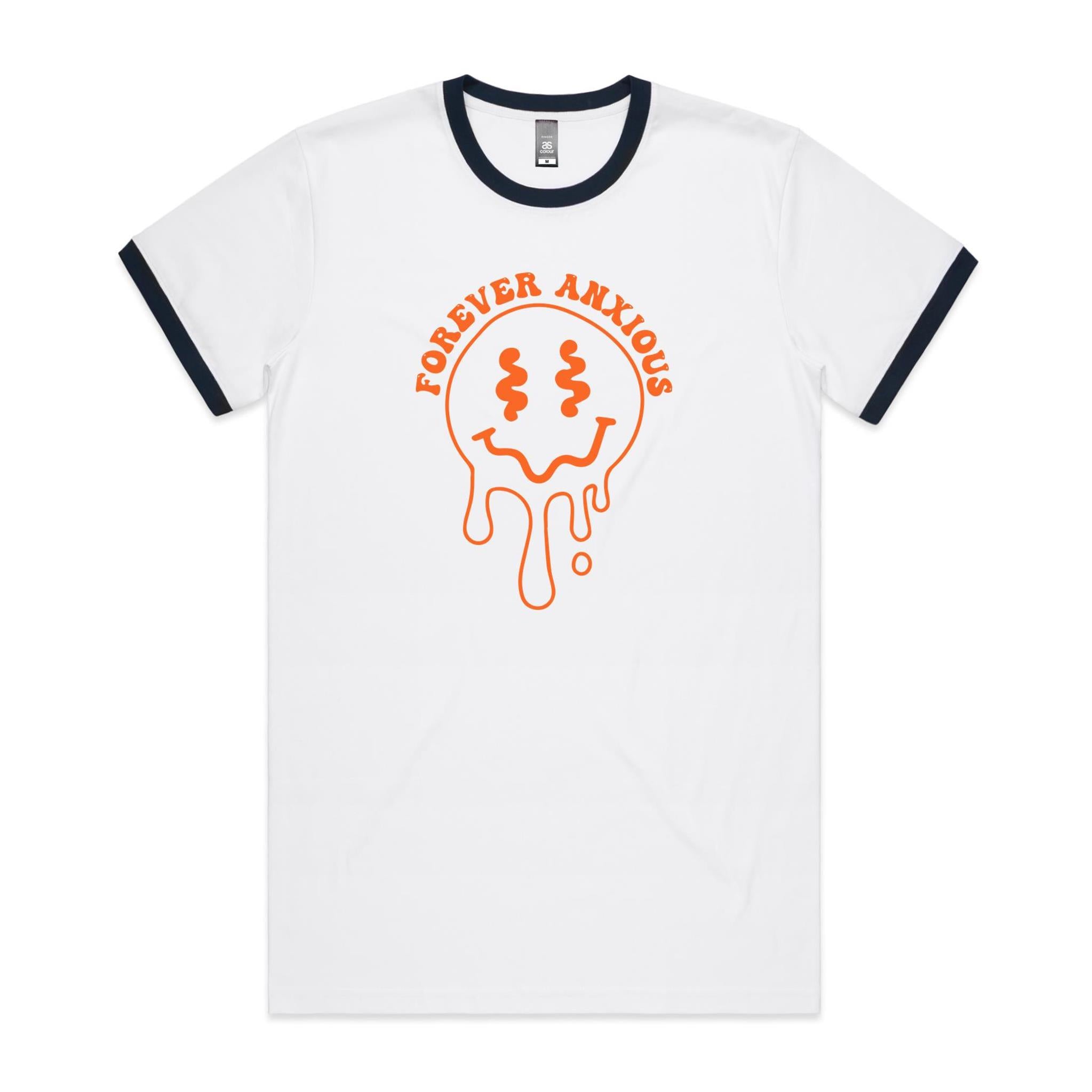 Forever Anxious - Staple Ringer Tee White Navy Ringer T-Shirt Printed In Australia