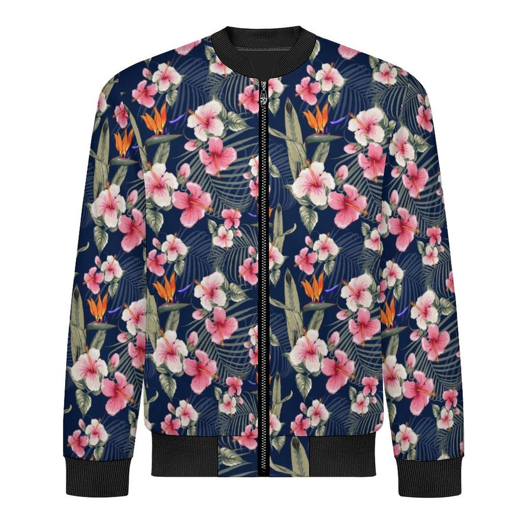 Dark Hawaiian Floral Men's Casual Zip‑Up Bomber Jacket