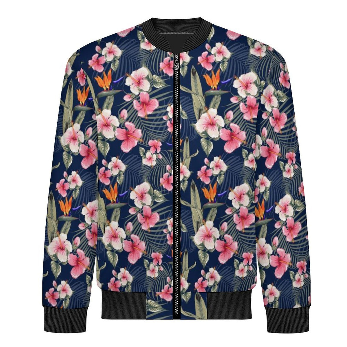 Dark Hawaiian Floral Men's Casual Zip‑Up Bomber Jacket