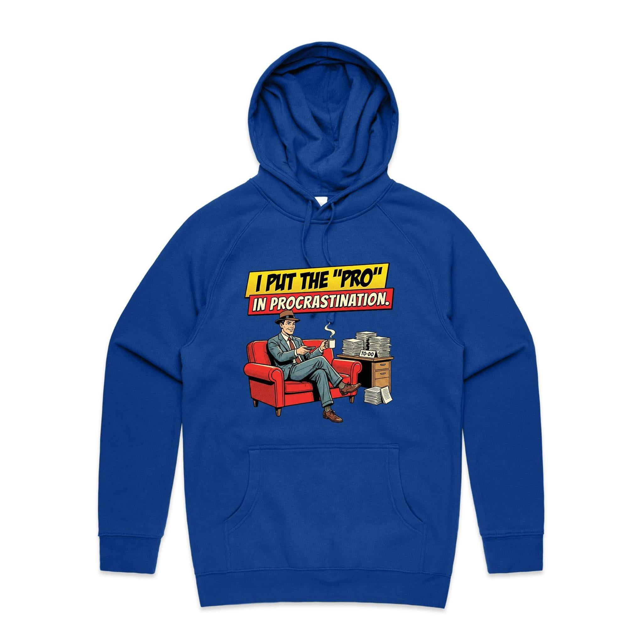 I Put The Pro In Procrastination, Retro Gentleman Men's AS Colour Hoodie Bright Royal Mens Hoodie comic Printed In Australia