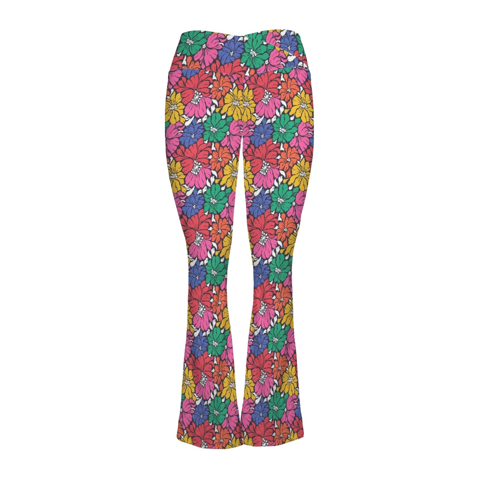 Bright And Bold Flowers High Waist Crossover Tummy Control Flare Leggings High Waist Flare Leggings Plants Printed Offshore