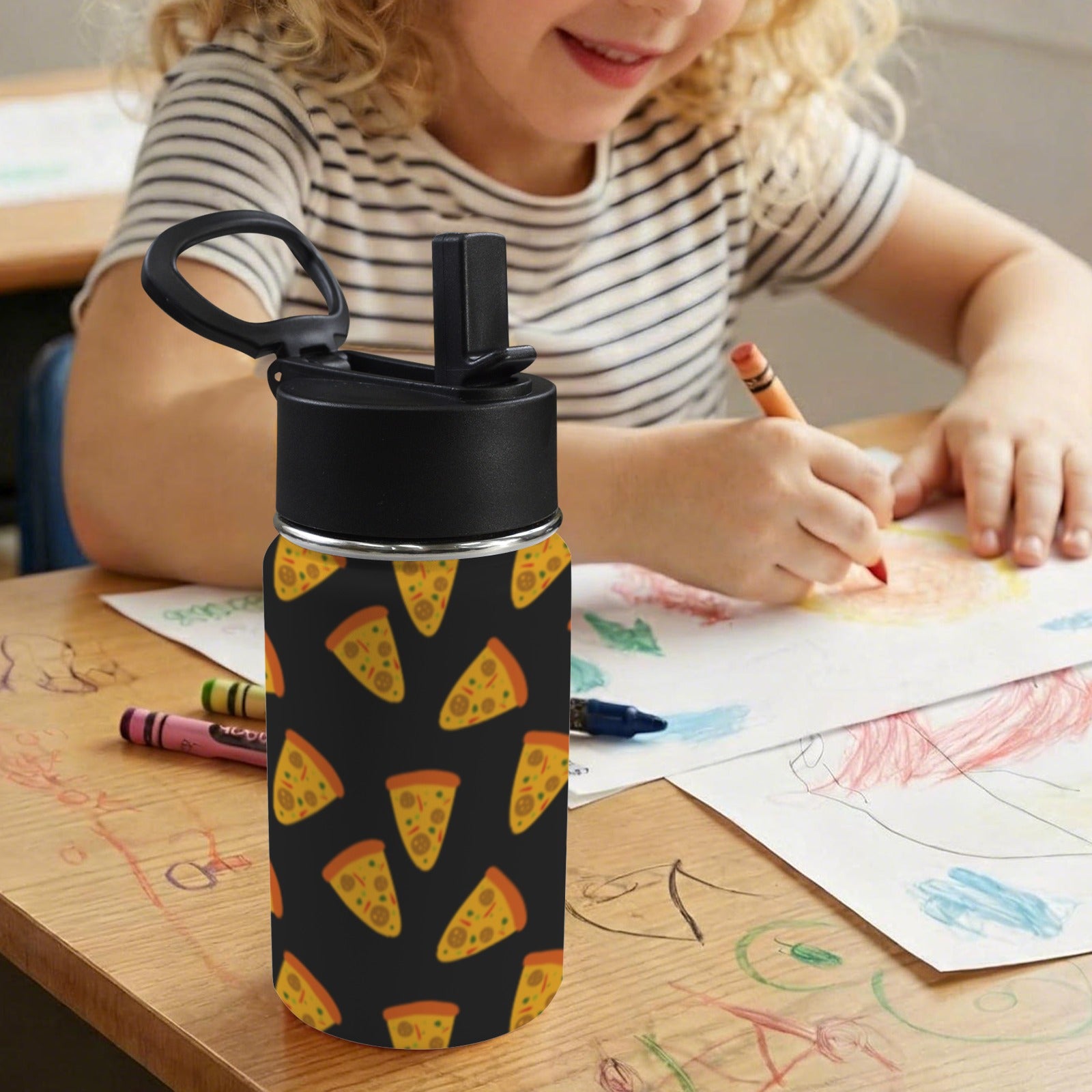 Pizzas 12oz Kids Water Bottle with Straw Lid