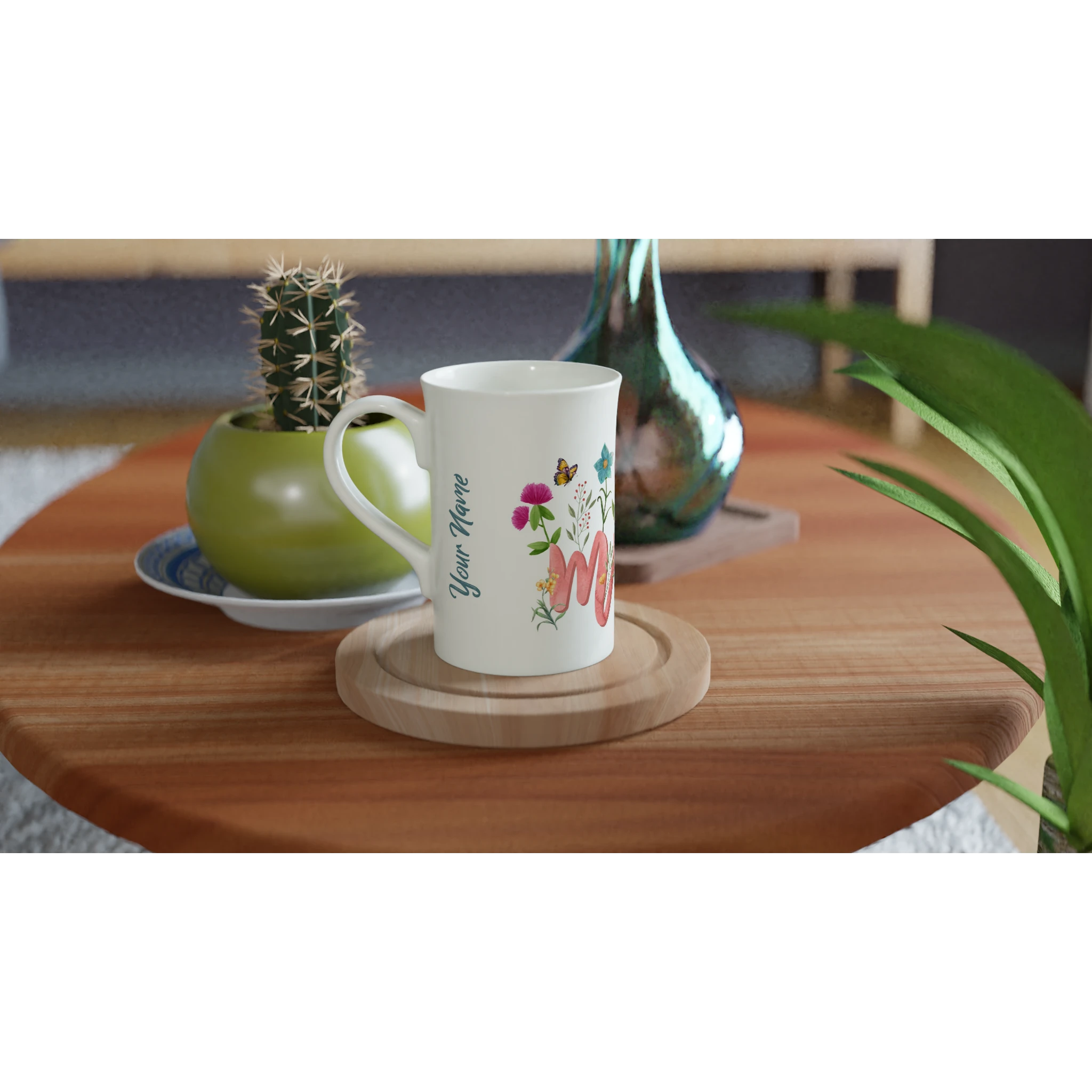 Personalised - Mum With Flowers And Butterflies - White 10oz Porcelain Slim Mug Personalised Porcelain Mug Globally Fulfilled Mum