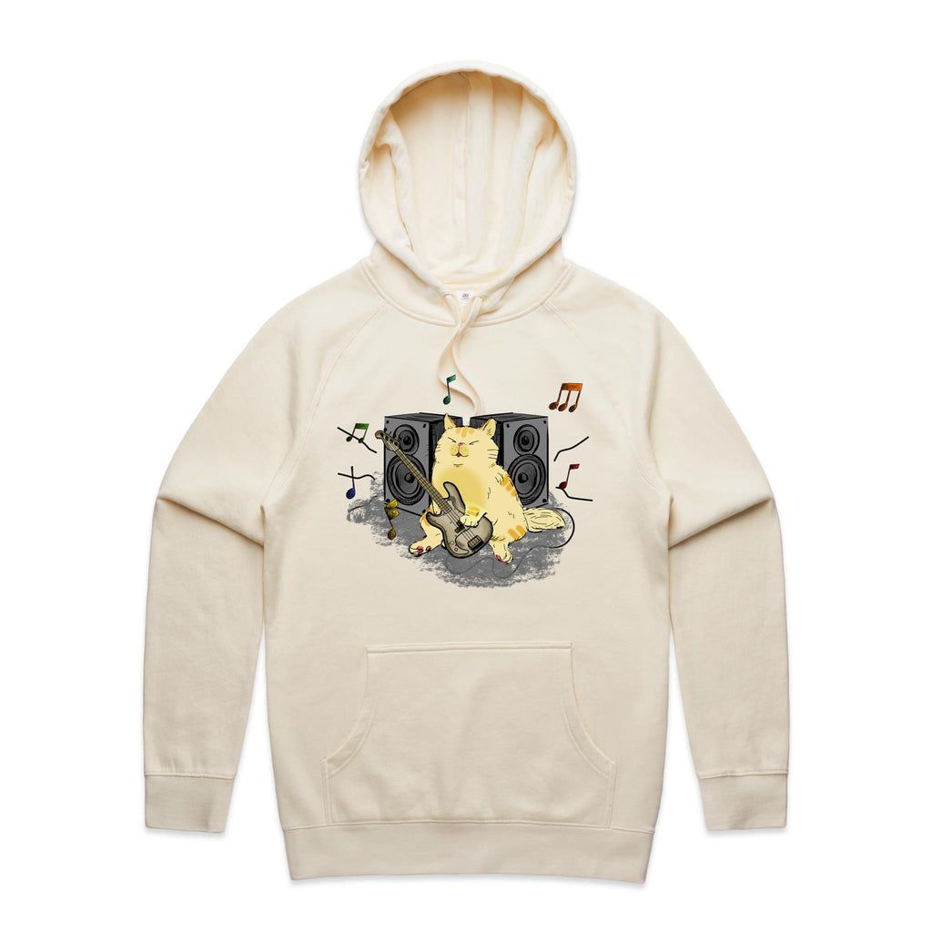 Cat Bass Player - Mens Hoodie Ecru Mens Hoodie animal Music Printed In Australia