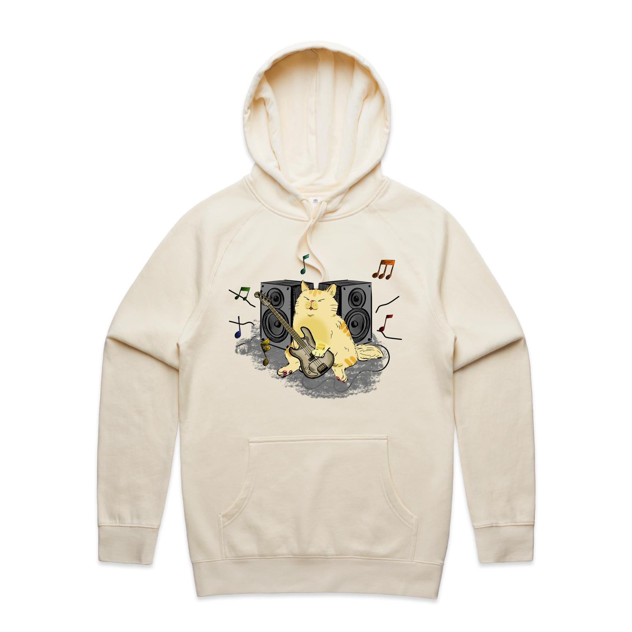 Cat Bass Player - Mens Hoodie Ecru Mens Hoodie animal Music Printed In Australia