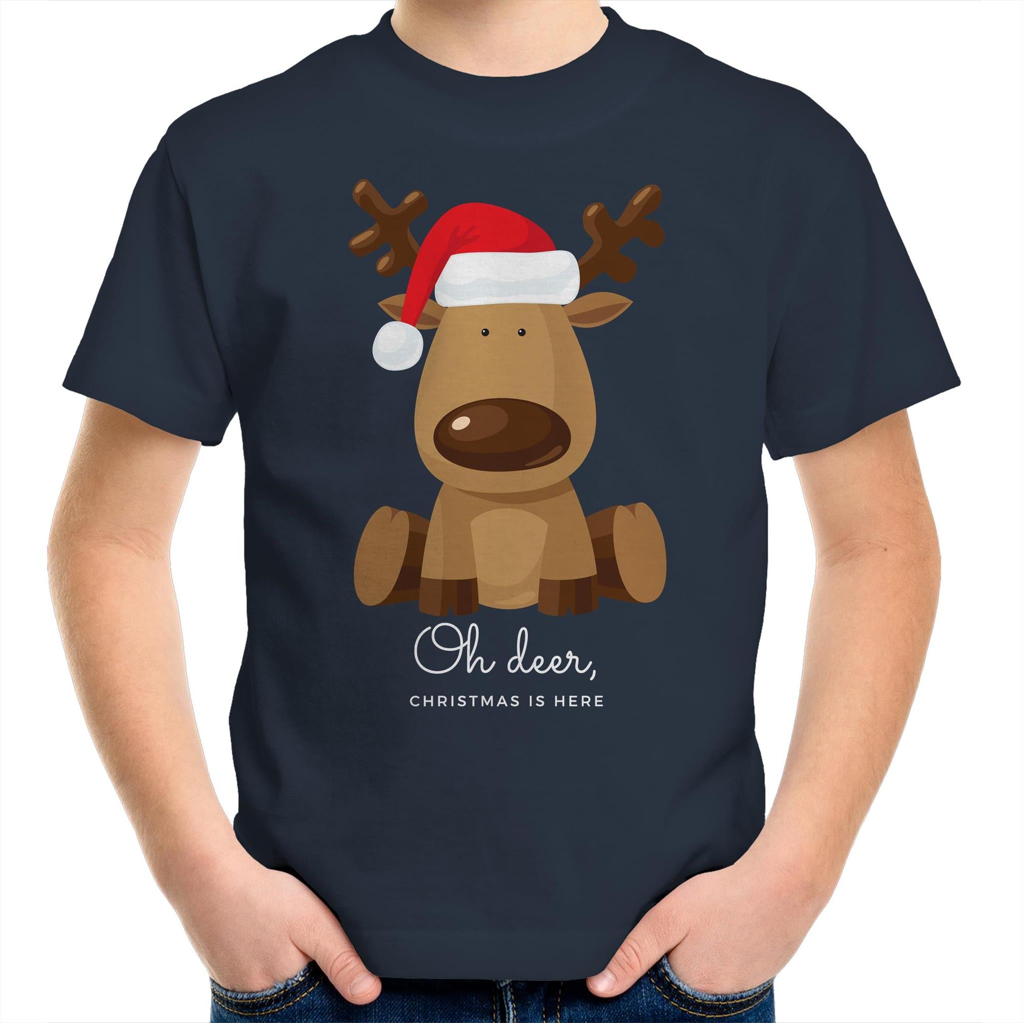 Oh Deer Christmas Is Here, Reindeer - Kids Youth T-Shirt Navy Kids Christmas T-shirt Christmas Printed In Australia