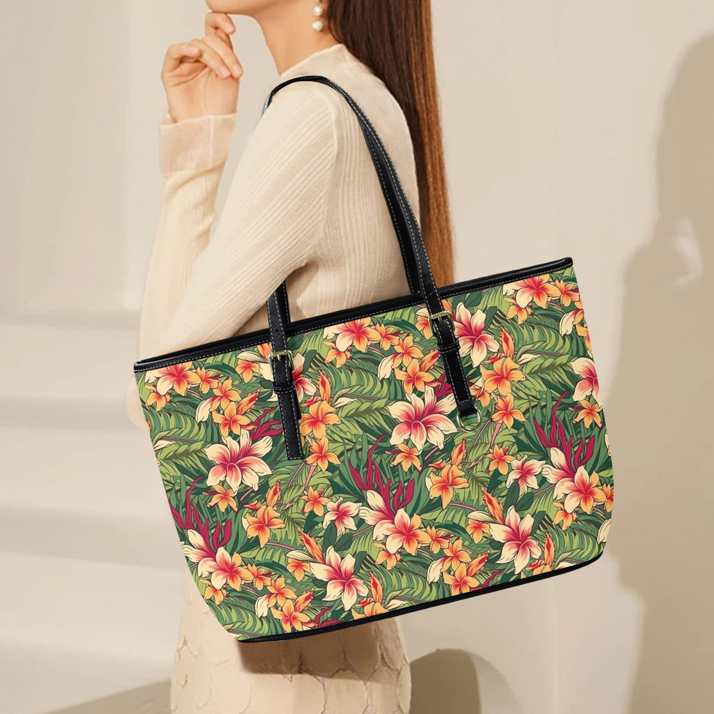 Vintage Hawaiian Floral PU Leather Tote Bag Large Leather Tote Bag-Large Plants Printed Offshore