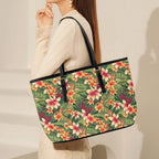 Vintage Hawaiian Floral PU Leather Tote Bag Large Leather Tote Bag-Large Plants Printed Offshore