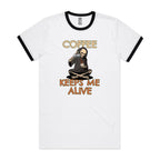 Coffee Keeps Me Alive, Skeleton - Staple Ringer Tee White Black Ringer T-Shirt Coffee Printed In Australia
