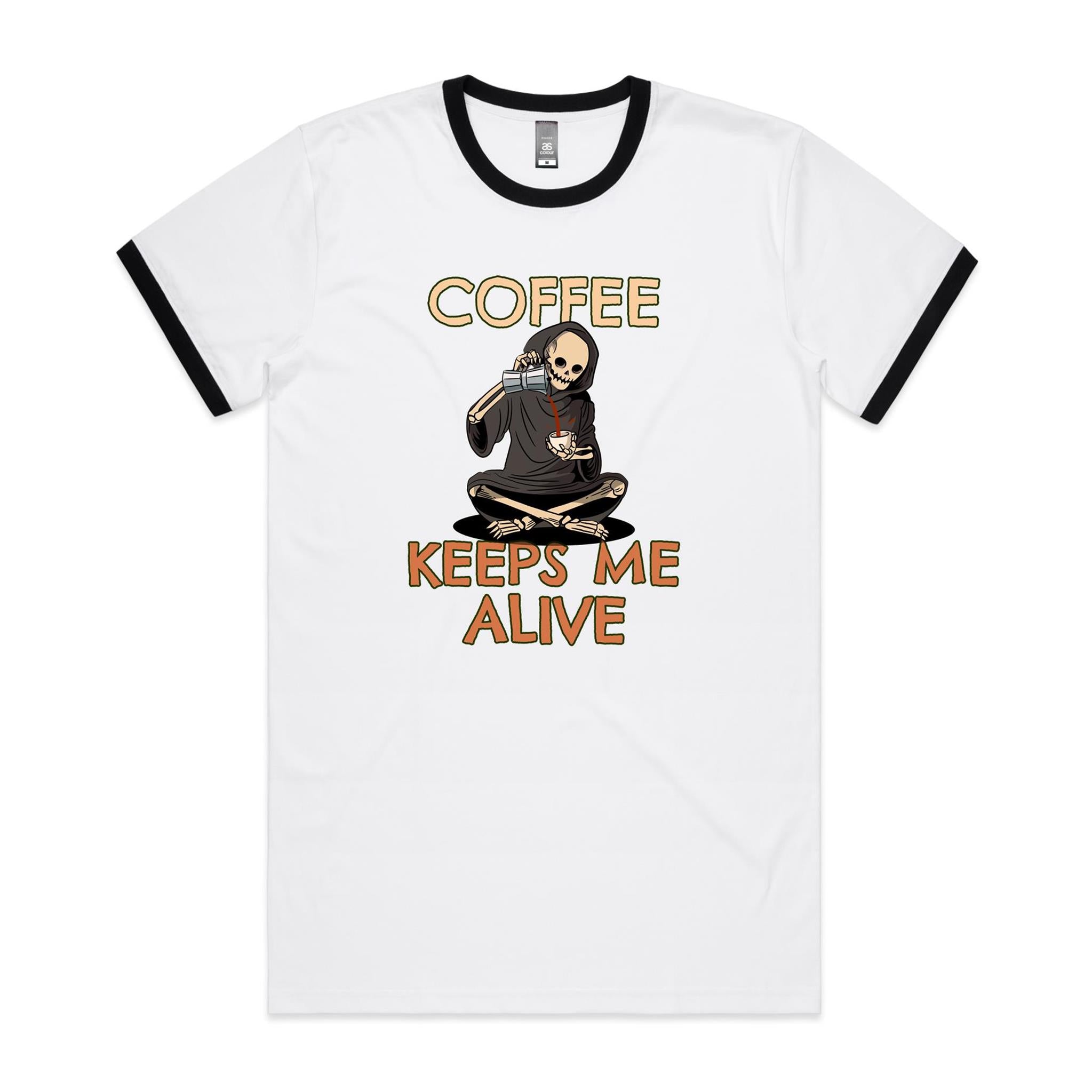 Coffee Keeps Me Alive, Skeleton - Staple Ringer Tee White Black Ringer T-Shirt Coffee Printed In Australia