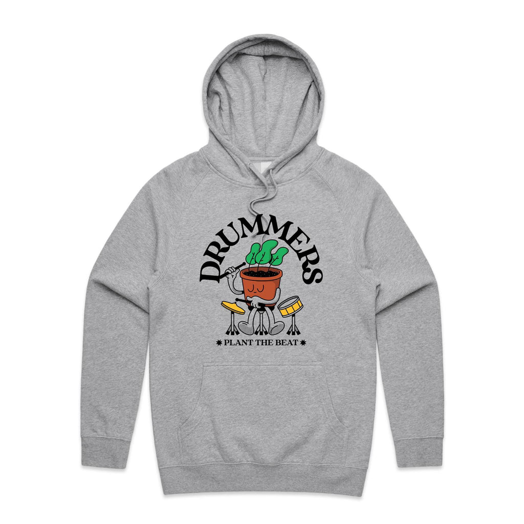 Drummers Plant The Beat - Mens Hoodie Grey Marle Mens Hoodie Music Printed In Australia