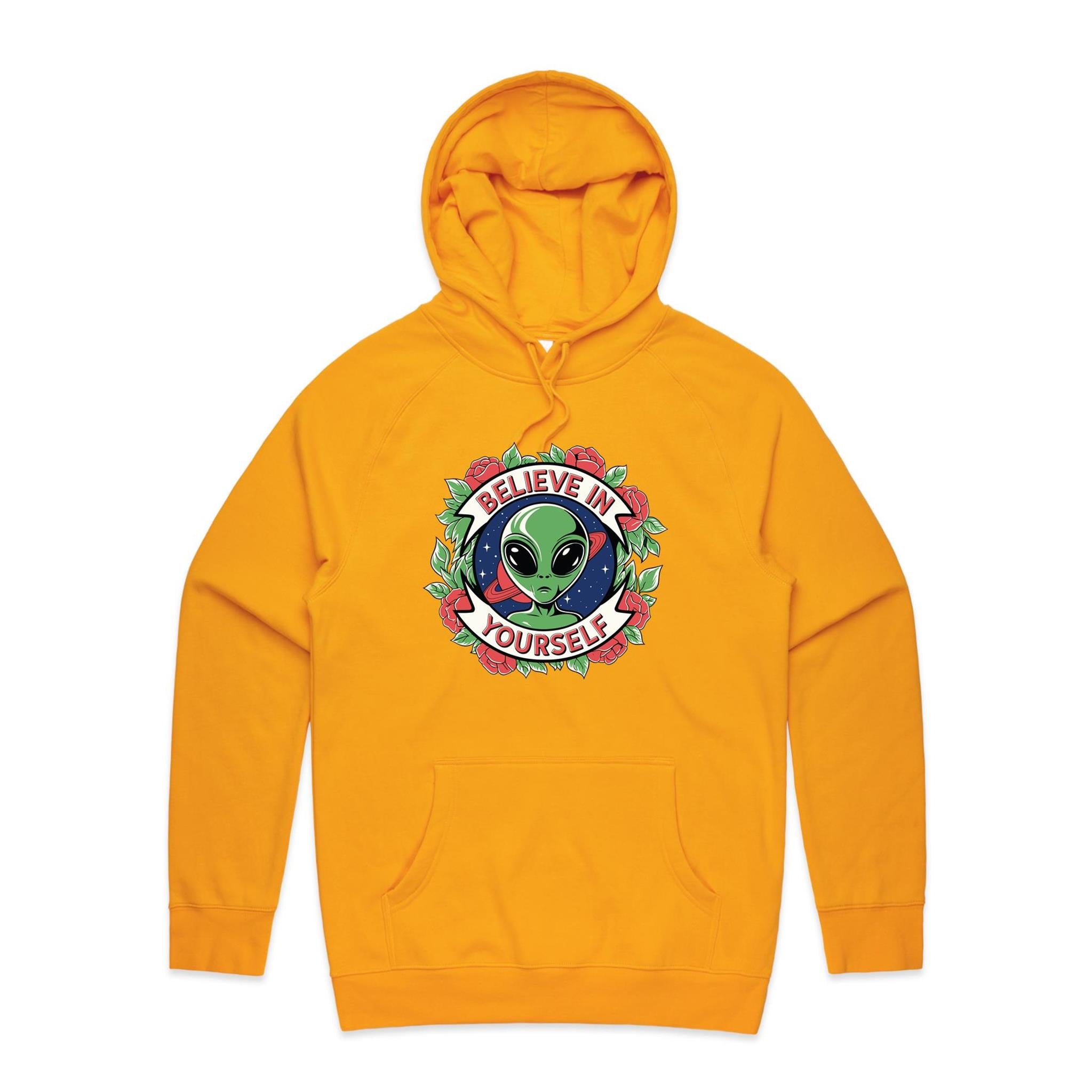 Believe In Yourself, Alien - Mens Hoodie Gold Mens Hoodie Motivation Positivity Printed In Australia Sci Fi