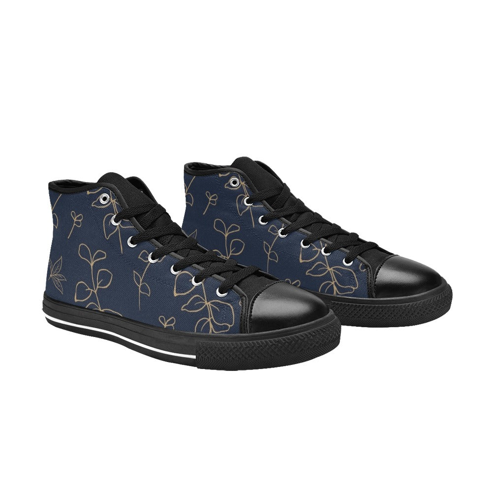 Gold Flowers On Navy - Men's High Top Canvas Shoes