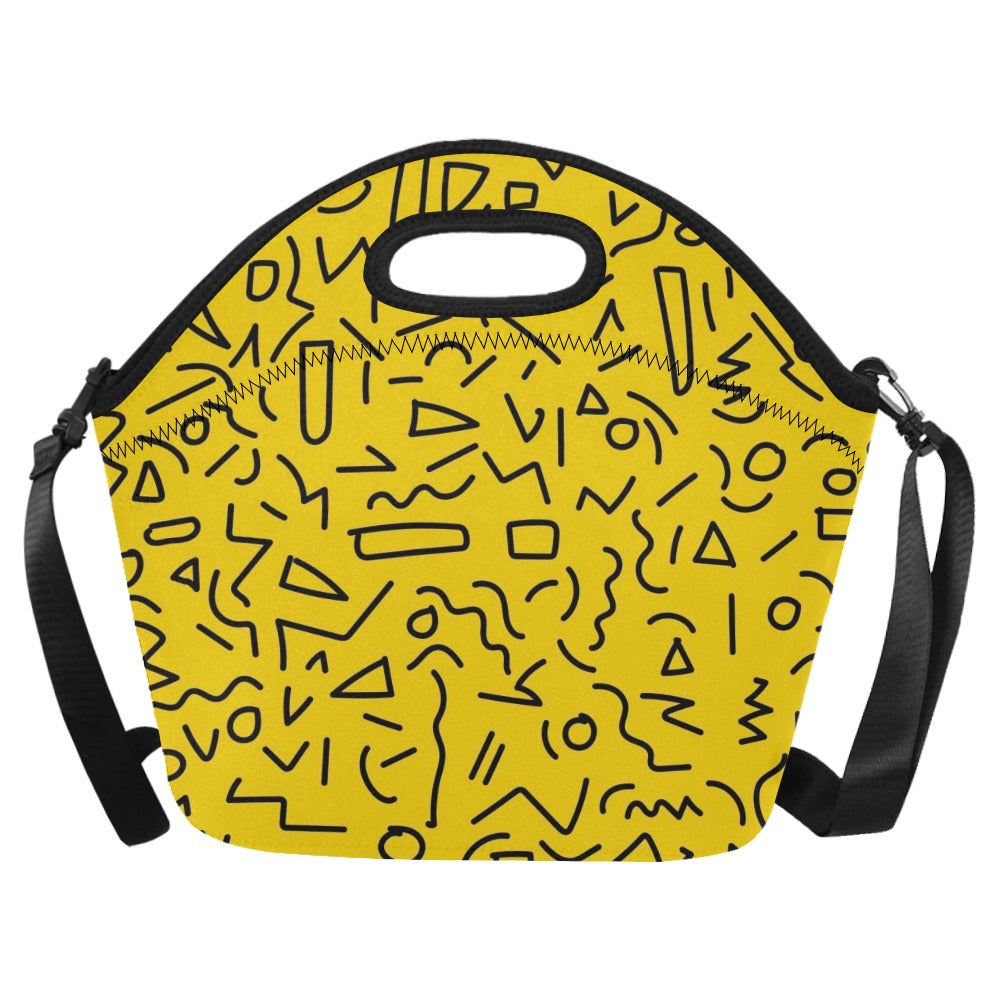 Black Squiggle On Yellow Neoprene Lunch Bag/Large (Model 1669) One Size Neoprene Lunch Bag Printed Offshore