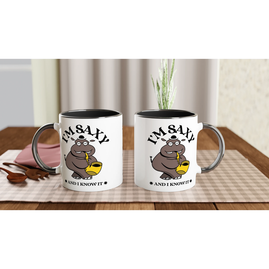 Personalised - I'm Saxy And I Know It, Saxophone Hippo - White 11oz Ceramic Mug with Colour Inside Personalised 11oz Mug animal customise Globally Fulfilled Music personalise