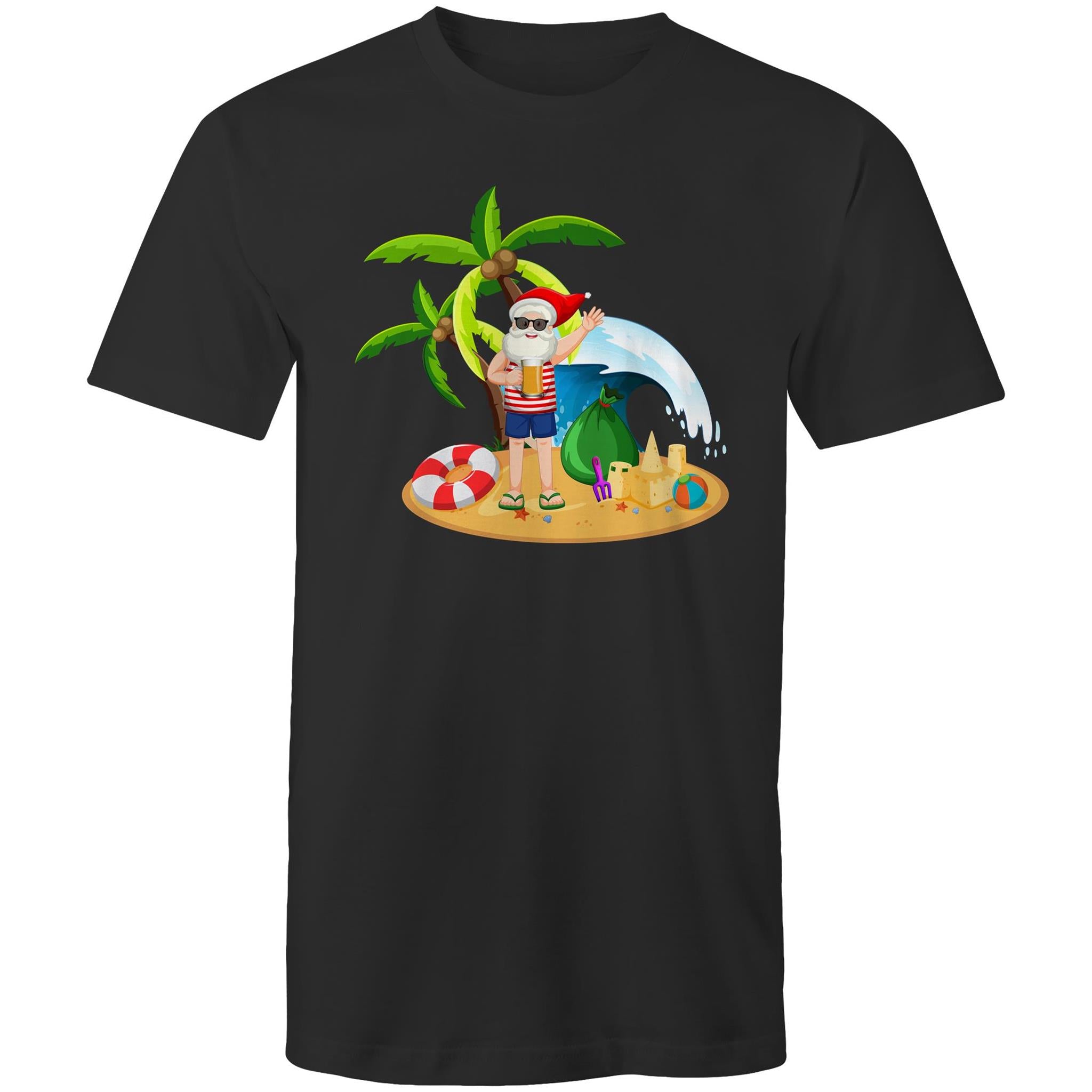 Surf Summer Santa - Mens T-Shirt Black Mens Christmas T-shirt Christmas Printed In Australia