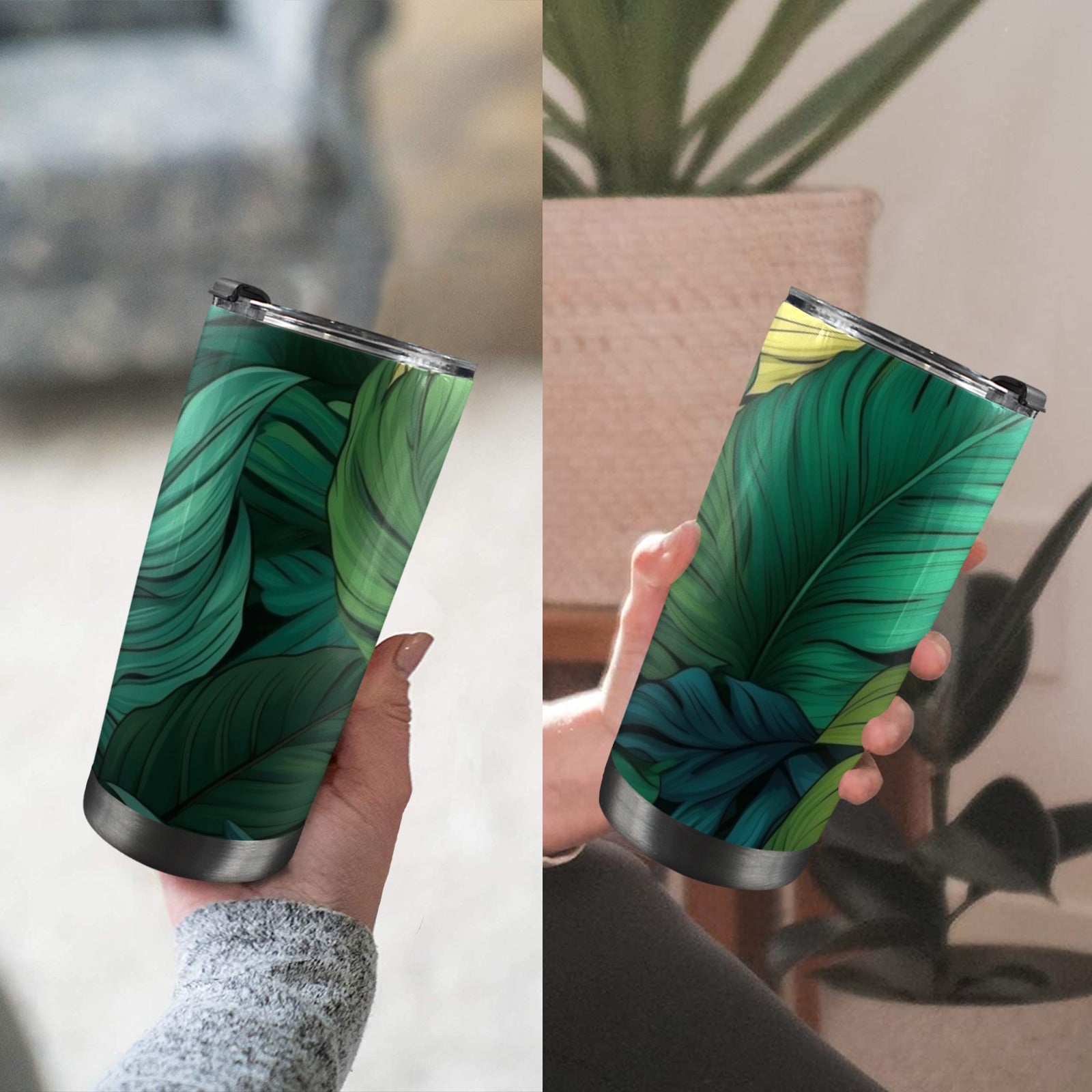 Tropical Leaves - 20oz Mobile Tumbler with Lid (Black Lock) 20oz Travel Mug Plants Printed Offshore