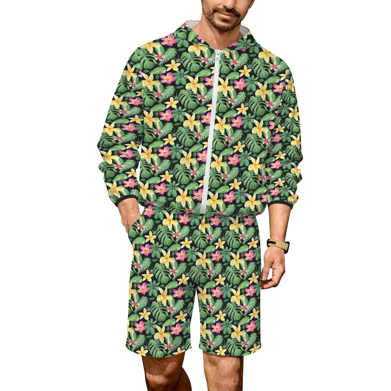 Frangipani Men's Lightweight Sun Hoodie & Shorts Set 4XL Men's Lightweight Sun Hoodie & Shorts Plants Printed Offshore