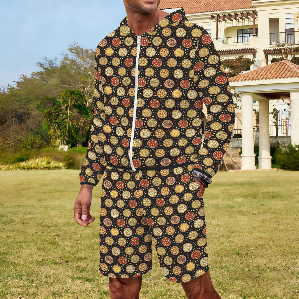 Round Pizzas On Black Men's Lightweight Sun Hoodie & Shorts Set Men's Lightweight Sun Hoodie & Shorts Food Printed Offshore