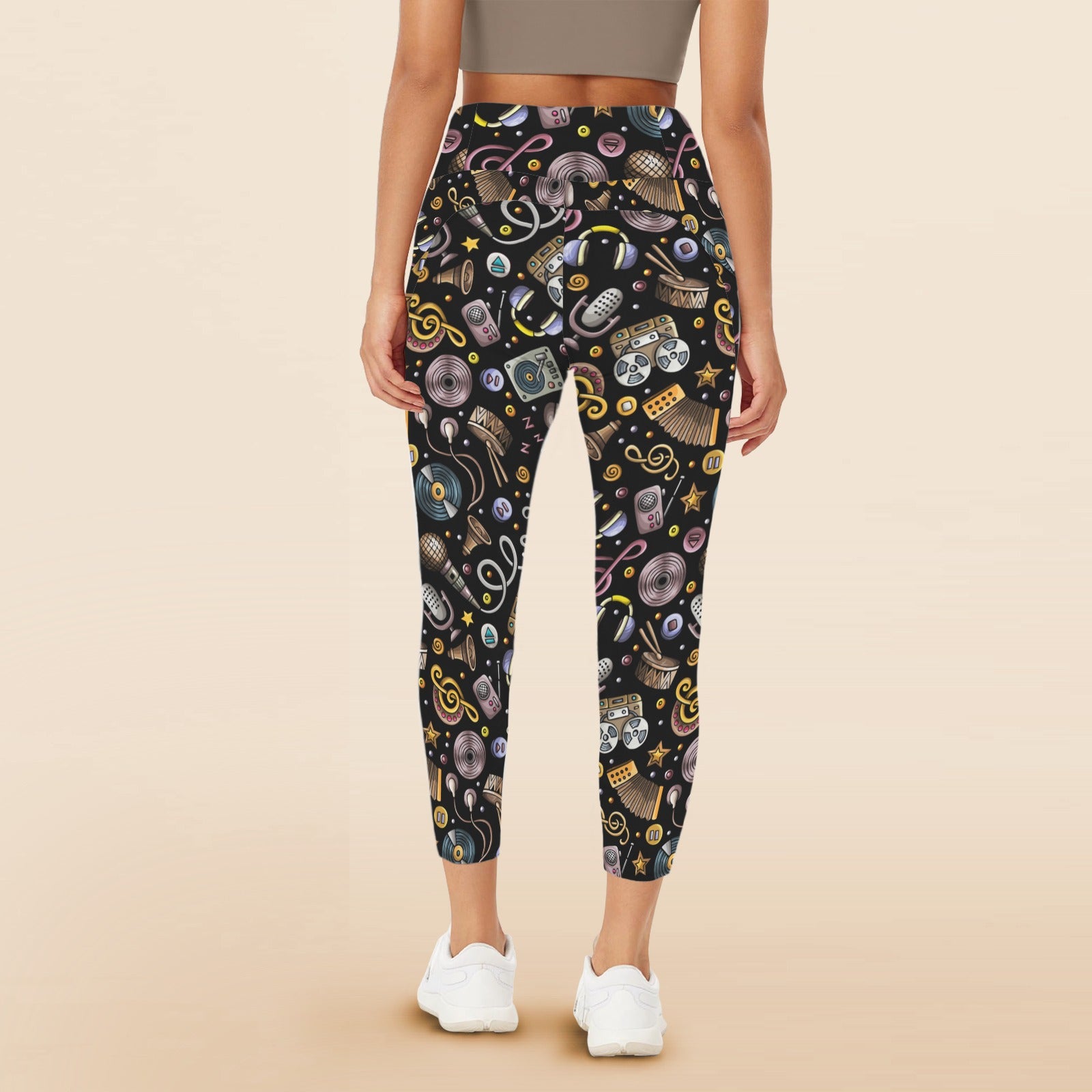 Retro Music Mix - Women's High Waist Pockets Yoga Leggings