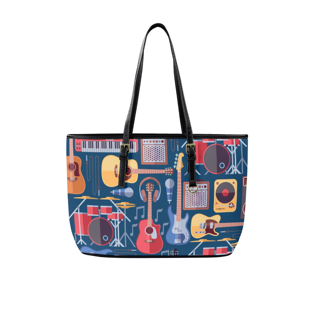 Music Instruments Blue - Leather Tote Bag-Large