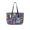 Music Instruments Blue - Leather Tote Bag-Large